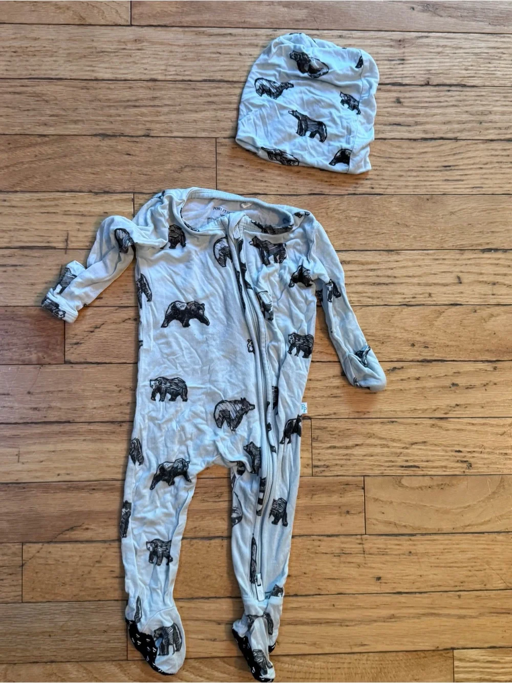 Posh Peanut Bamboo Pajama One-Piece Footed Romper Black Bear Newborn w/ hat
